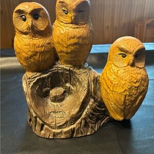 Vintage Ceramic 3 Owls On A Log Signed